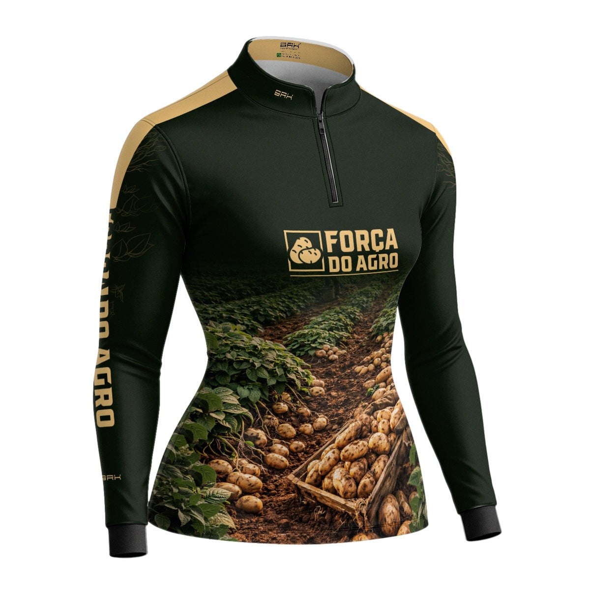 Camisa Agro Feminina BRK Força do Agro Colheita de Batatas com Proteção UV50+ Verde Musgo - Brk Agro