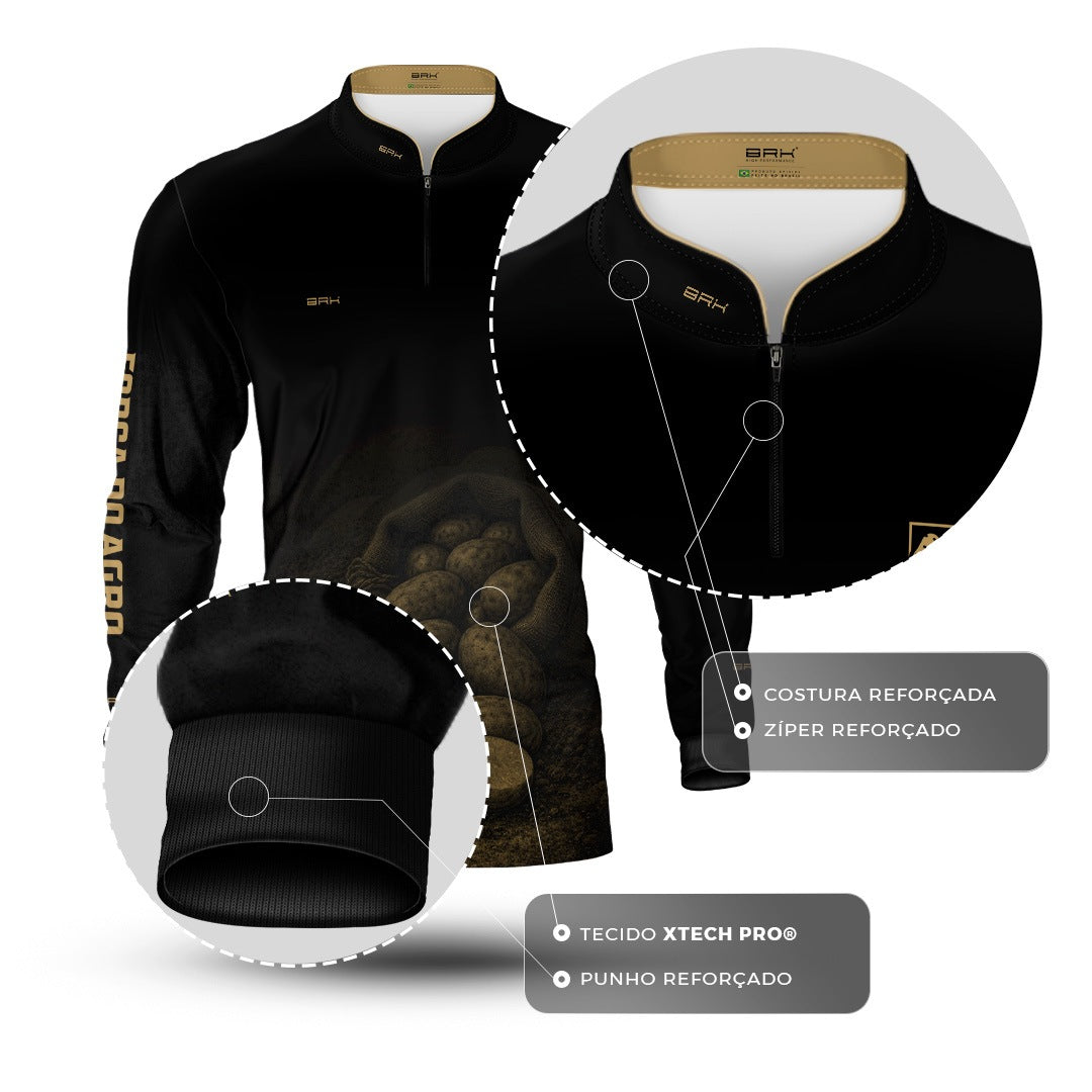 Camisa Agro BRK Força do Agro Produção Agrícola Batatas com Proteção UV50+ Preto - Brk Agro
