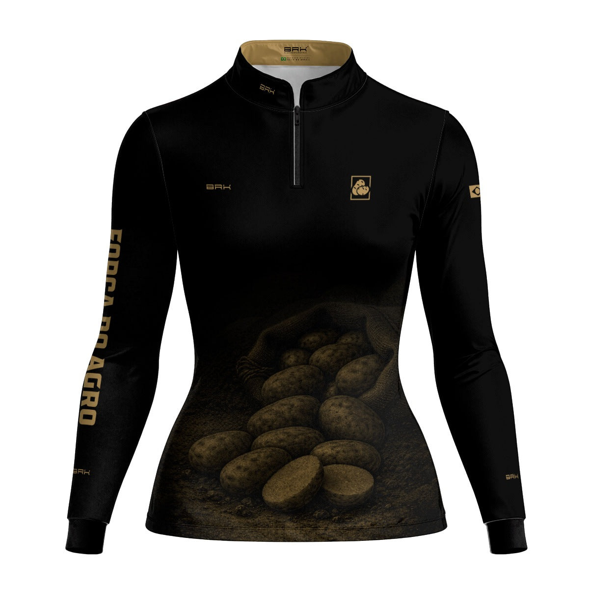 Camisa Agro Feminina BRK Força do Agro Produção Agrícola Batatas com Proteção UV50+ Preto - Brk Agro