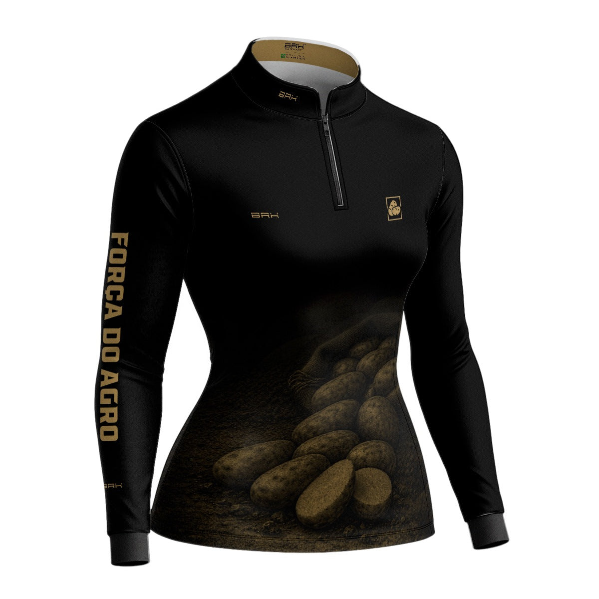 Camisa Agro Feminina BRK Força do Agro Produção Agrícola Batatas com Proteção UV50+ Preto - Brk Agro