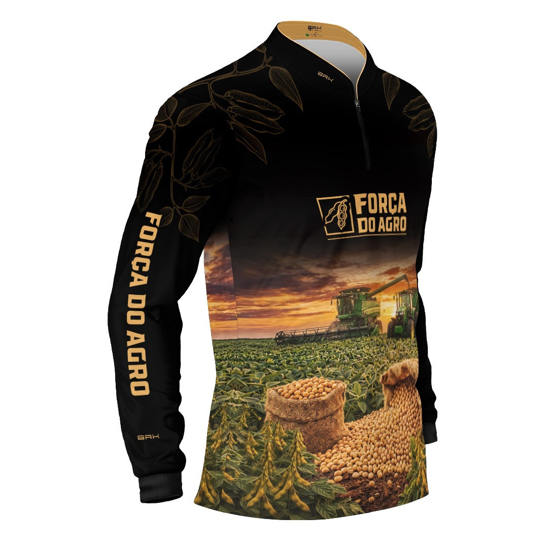 Camisa Agro BRK Força do Agro Safra de Soja com Proteção UV50+ Preto com Dourado - Brk Agro