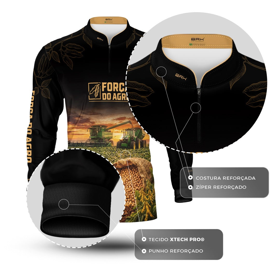 Camisa Agro BRK Força do Agro Safra de Soja com Proteção UV50+ Preto com Dourado - Brk Agro