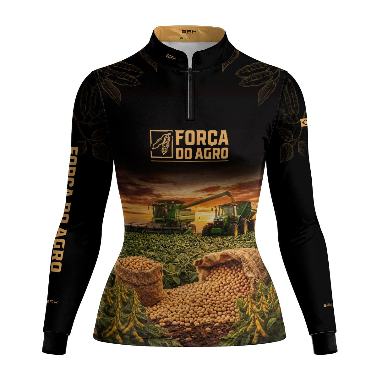 Camisa Agro Feminina BRK Força do Agro Safra de Soja com Proteção UV50+ Preto com Dourado - Brk Agro