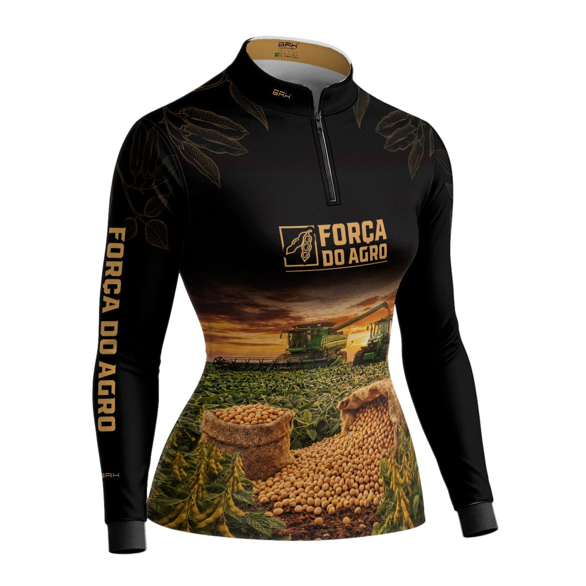 Camisa Agro Feminina BRK Força do Agro Safra de Soja com Proteção UV50+ Preto com Dourado - Brk Agro