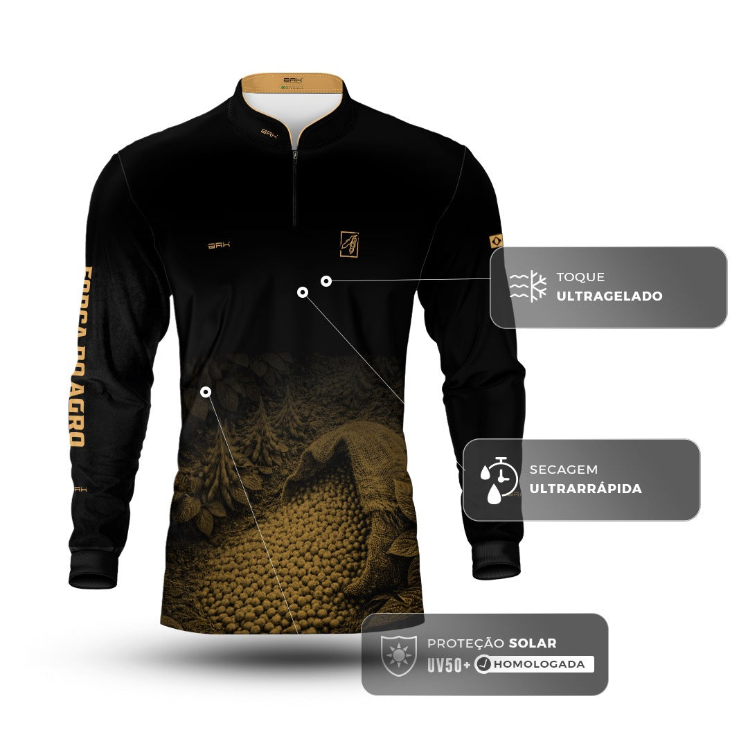 Camisa Agro BRK Força do Agro Grãos de Soja com Proteção UV50+ Preto - Brk Agro