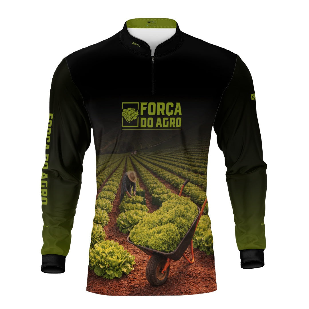 Camisa Agro BRK Força do Agro Colheita de Alface com Proteção UV50+ Preto com Verde - Brk Agro