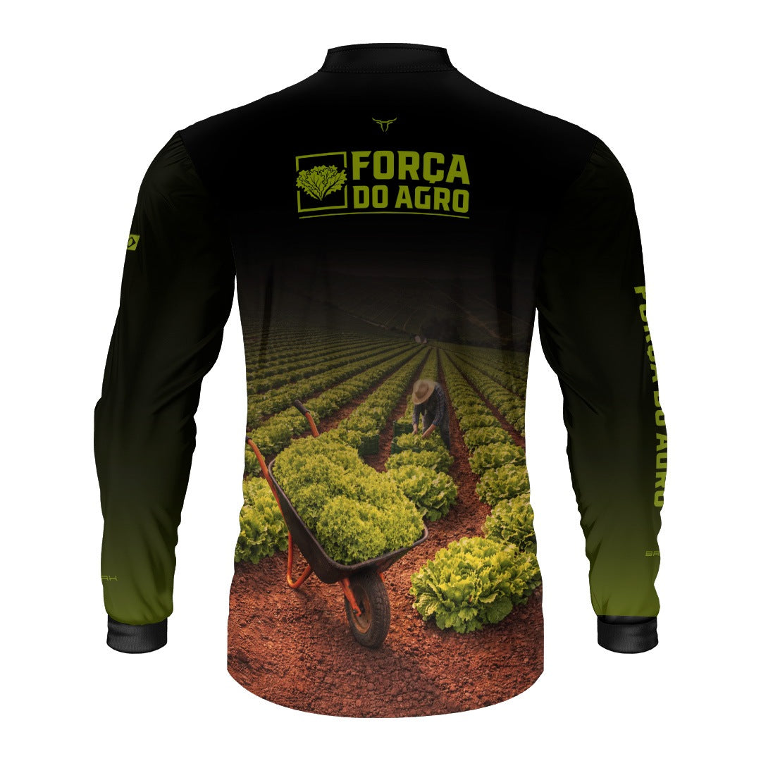 Camisa Agro BRK Força do Agro Colheita de Alface com Proteção UV50+ Preto com Verde - Brk Agro