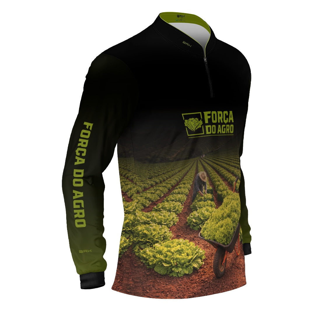Camisa Agro BRK Força do Agro Colheita de Alface com Proteção UV50+ Preto com Verde - Brk Agro