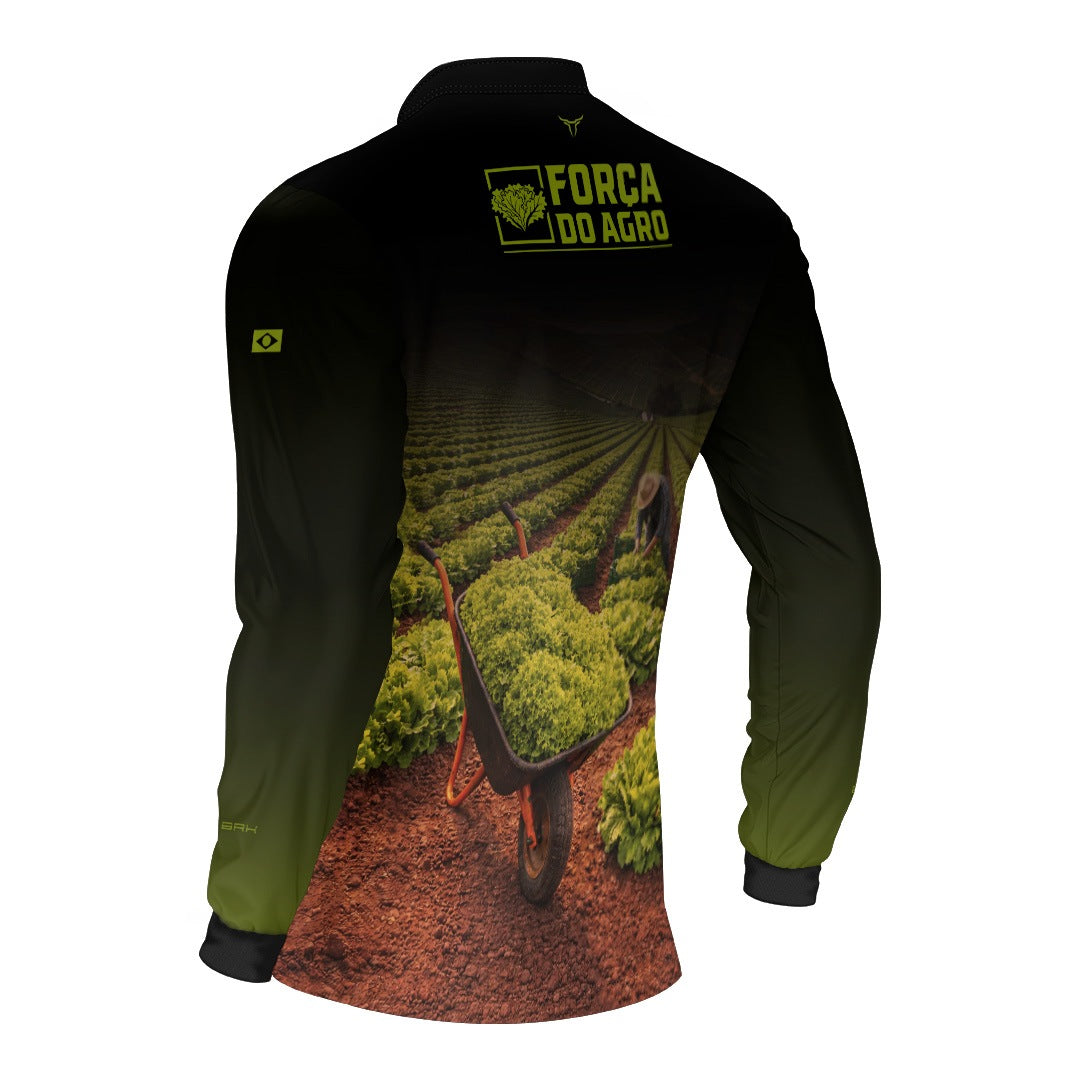 Camisa Agro BRK Força do Agro Colheita de Alface com Proteção UV50+ Preto com Verde - Brk Agro