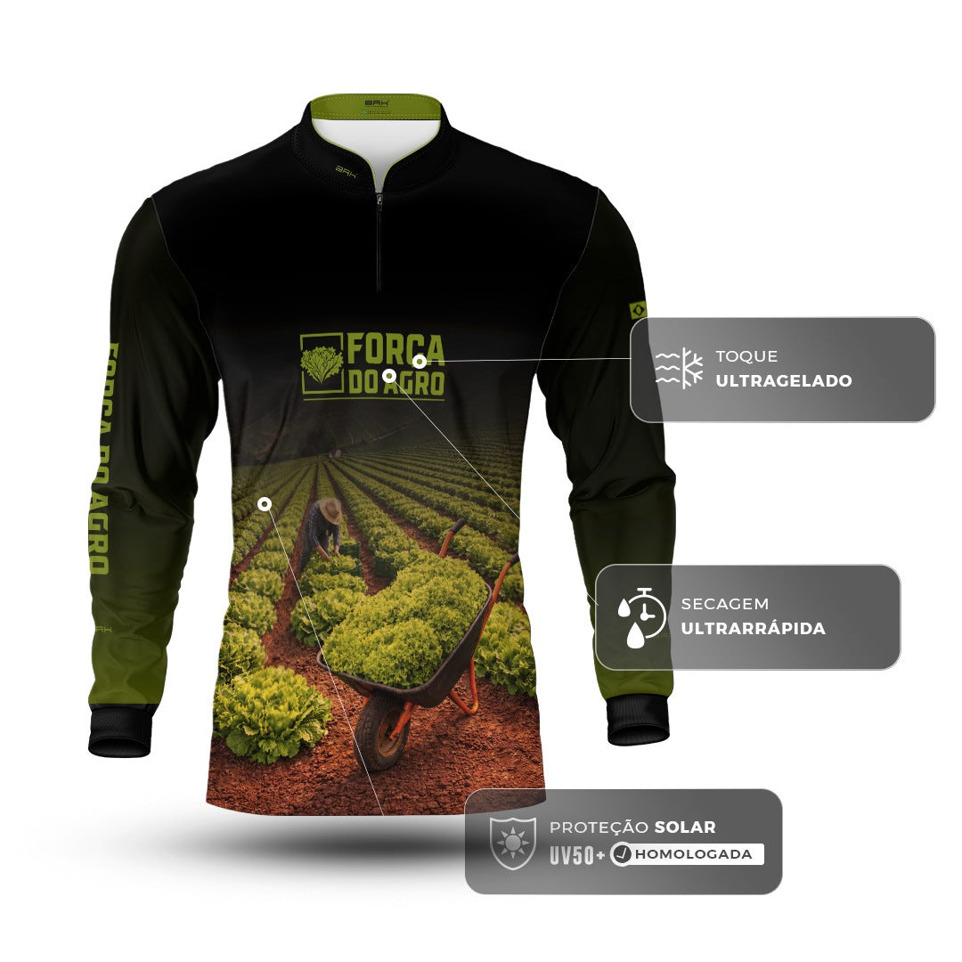 Camisa Agro BRK Força do Agro Colheita de Alface com Proteção UV50+ Preto com Verde - Brk Agro