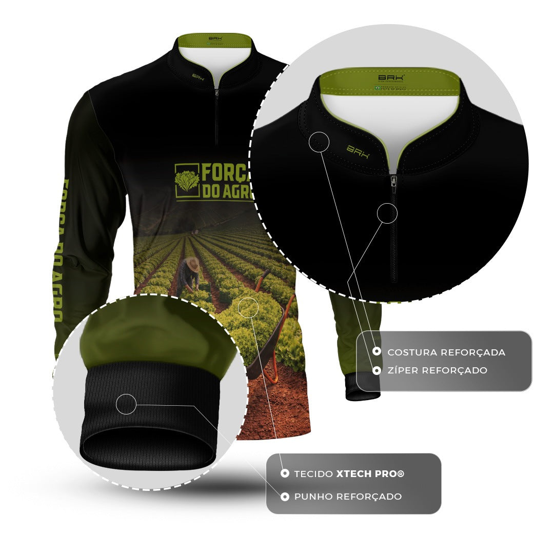 Camisa Agro BRK Força do Agro Colheita de Alface com Proteção UV50+ Preto com Verde - Brk Agro