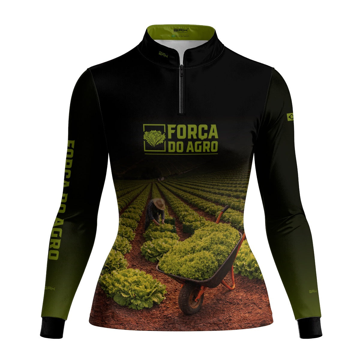 Camisa Agro Feminina BRK Força do Agro Colheita de Alface com Proteção UV50+ Preto com Verde - Brk Agro