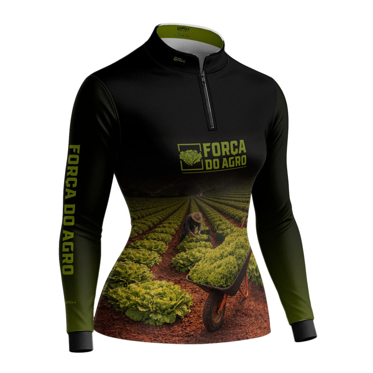 Camisa Agro Feminina BRK Força do Agro Colheita de Alface com Proteção UV50+ Preto com Verde - Brk Agro
