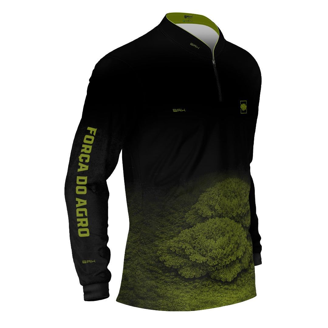 Camisa Agro BRK Força do Agro Hortaliças de Alface com Proteção UV50+ Preto com Verde Oliva - Brk Agro