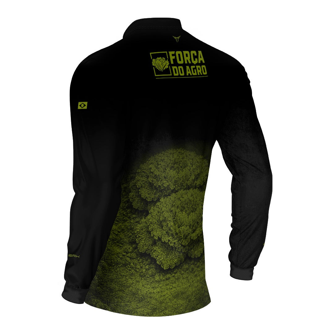 Camisa Agro BRK Força do Agro Hortaliças de Alface com Proteção UV50+ Preto com Verde Oliva - Brk Agro