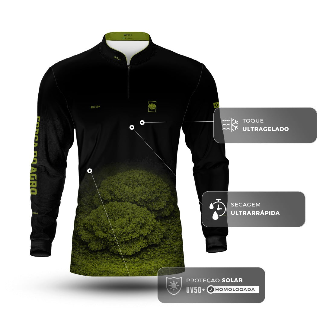 Camisa Agro BRK Força do Agro Hortaliças de Alface com Proteção UV50+ Preto com Verde Oliva - Brk Agro