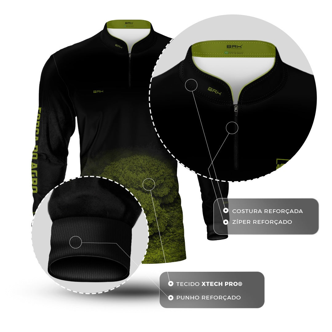 Camisa Agro BRK Força do Agro Hortaliças de Alface com Proteção UV50+ Preto com Verde Oliva - Brk Agro
