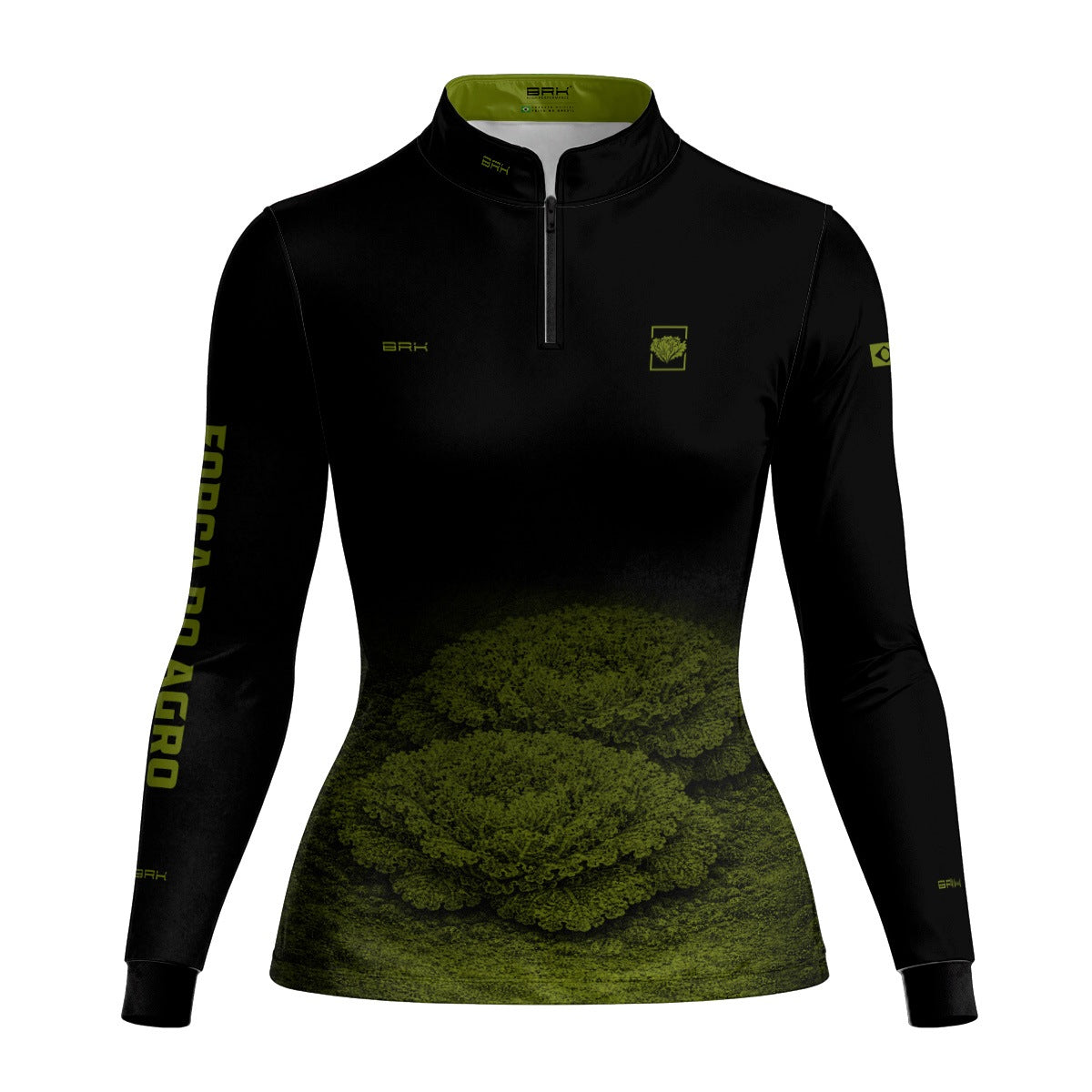 Camisa Agro BRK Feminina Força do Agro Hortaliças de Alface com Proteção UV50+ Preto com Verde Oliva - Brk Agro