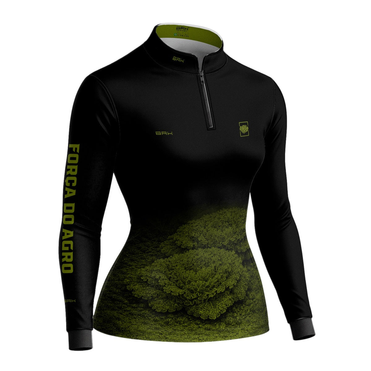 Camisa Agro BRK Feminina Força do Agro Hortaliças de Alface com Proteção UV50+ Preto com Verde Oliva - Brk Agro