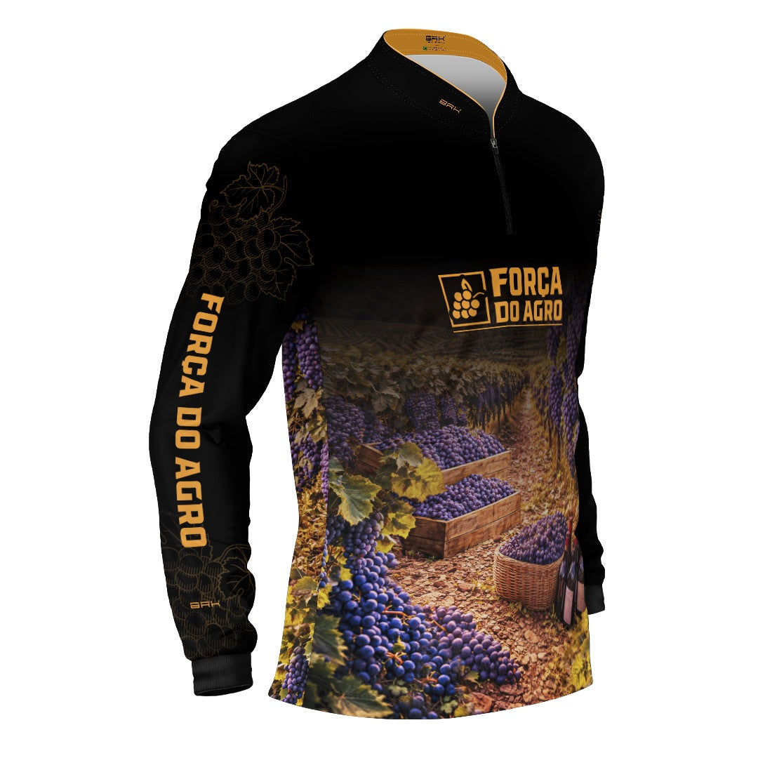 Camisa Agro BRK Força do Agro Colheita de Uvas com Proteção UV50+ Preto com Dourado - Brk Agro