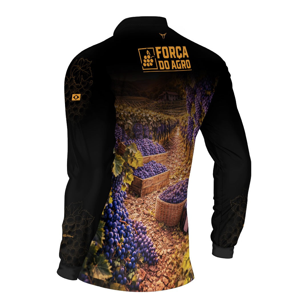 Camisa Agro BRK Força do Agro Colheita de Uvas com Proteção UV50+ Preto com Dourado - Brk Agro