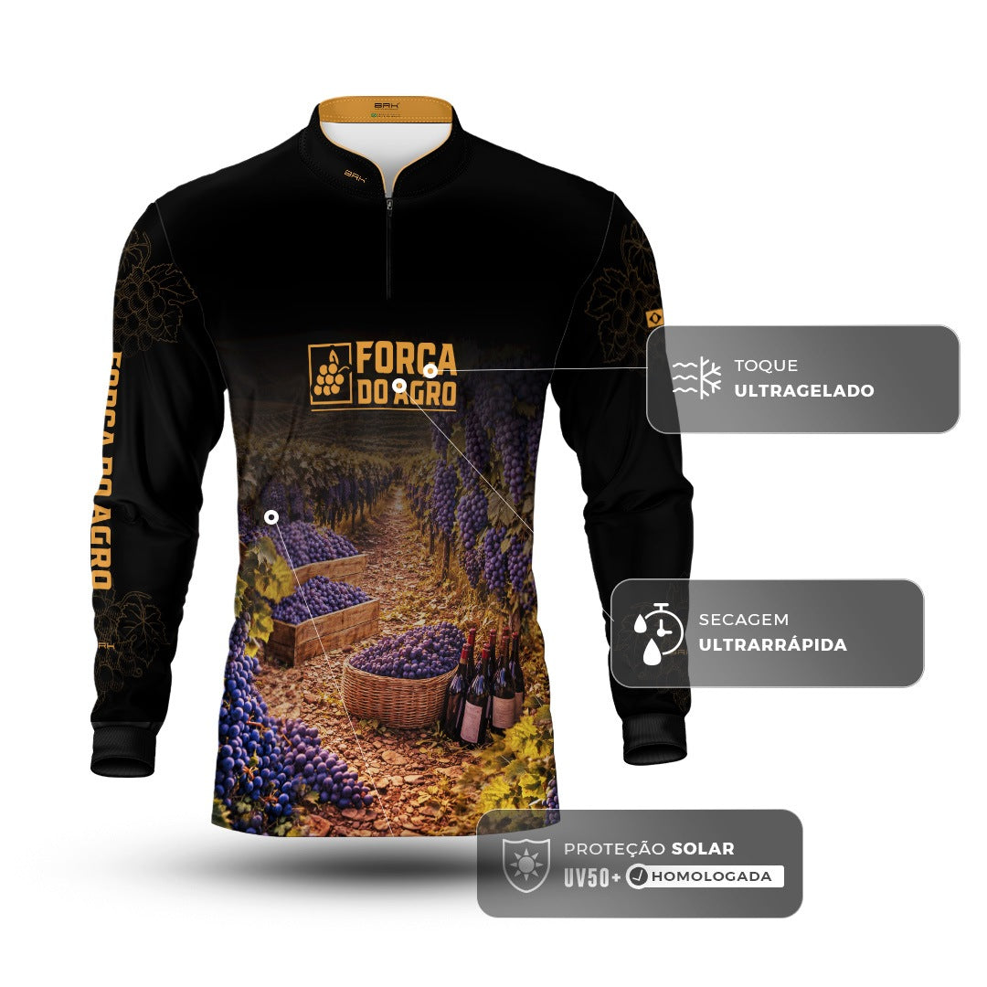 Camisa Agro BRK Força do Agro Colheita de Uvas com Proteção UV50+ Preto com Dourado - Brk Agro