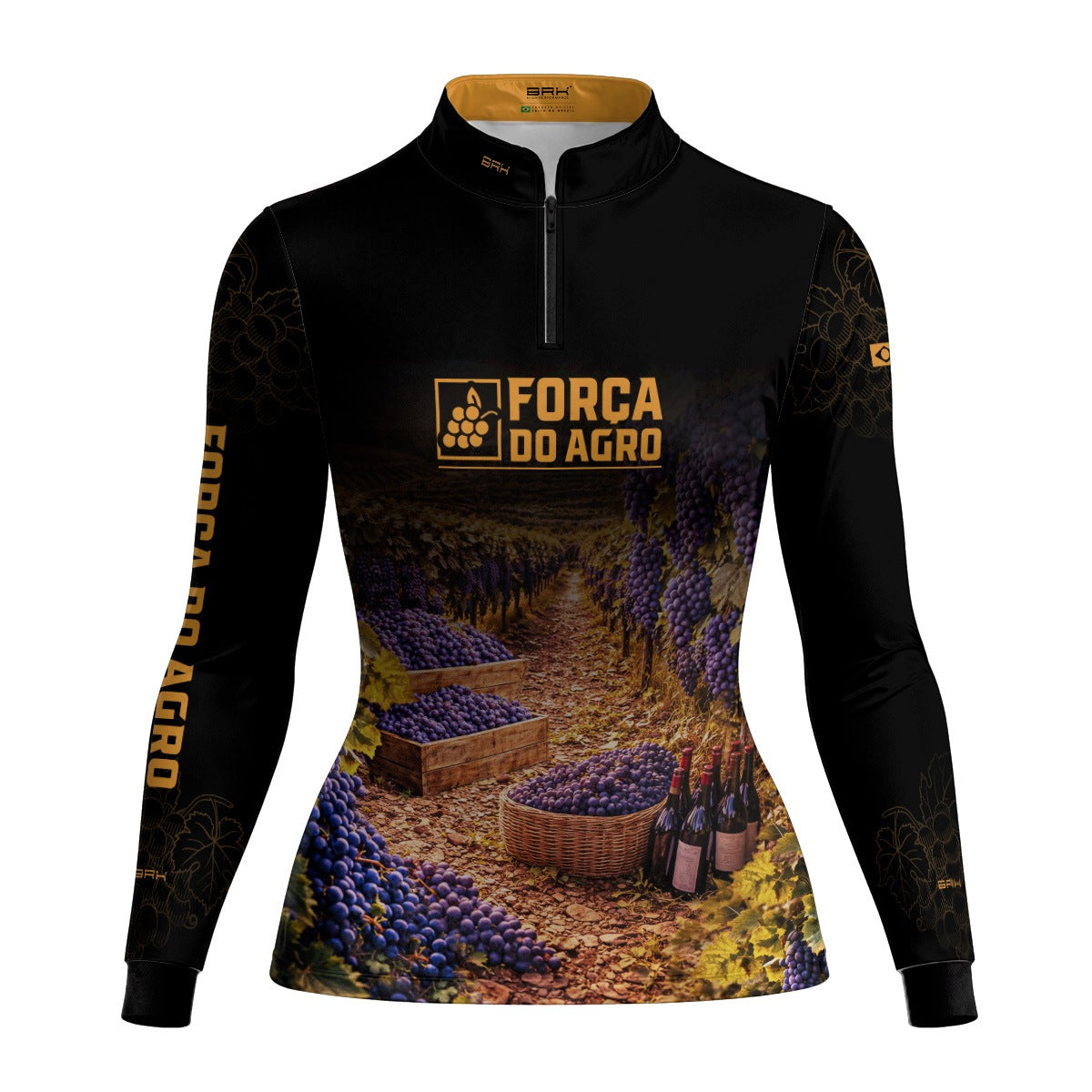 Camisa Agro Feminina BRK Força do Agro Colheita de Uvas com Proteção UV50+ Preto com Dourado - Brk Agro