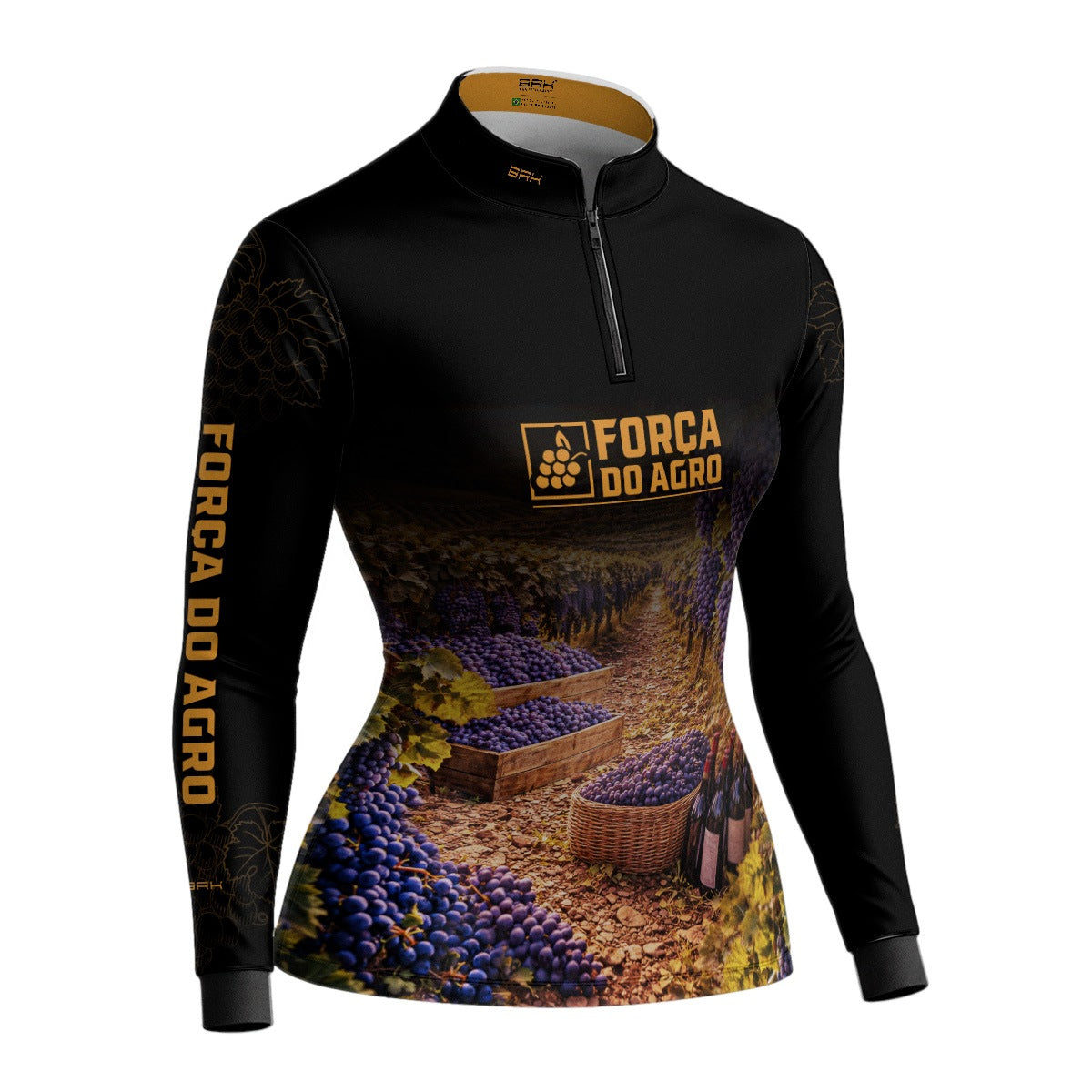 Camisa Agro Feminina BRK Força do Agro Colheita de Uvas com Proteção UV50+ Preto com Dourado - Brk Agro