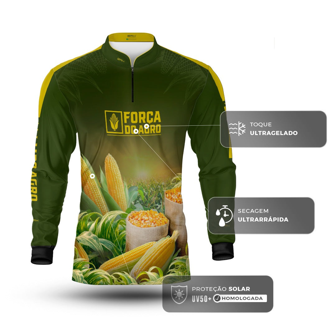 Camisa Agro BRK Força do Agro Colheita de Milho com Proteção UV50+ Verde Militar - Brk Agro