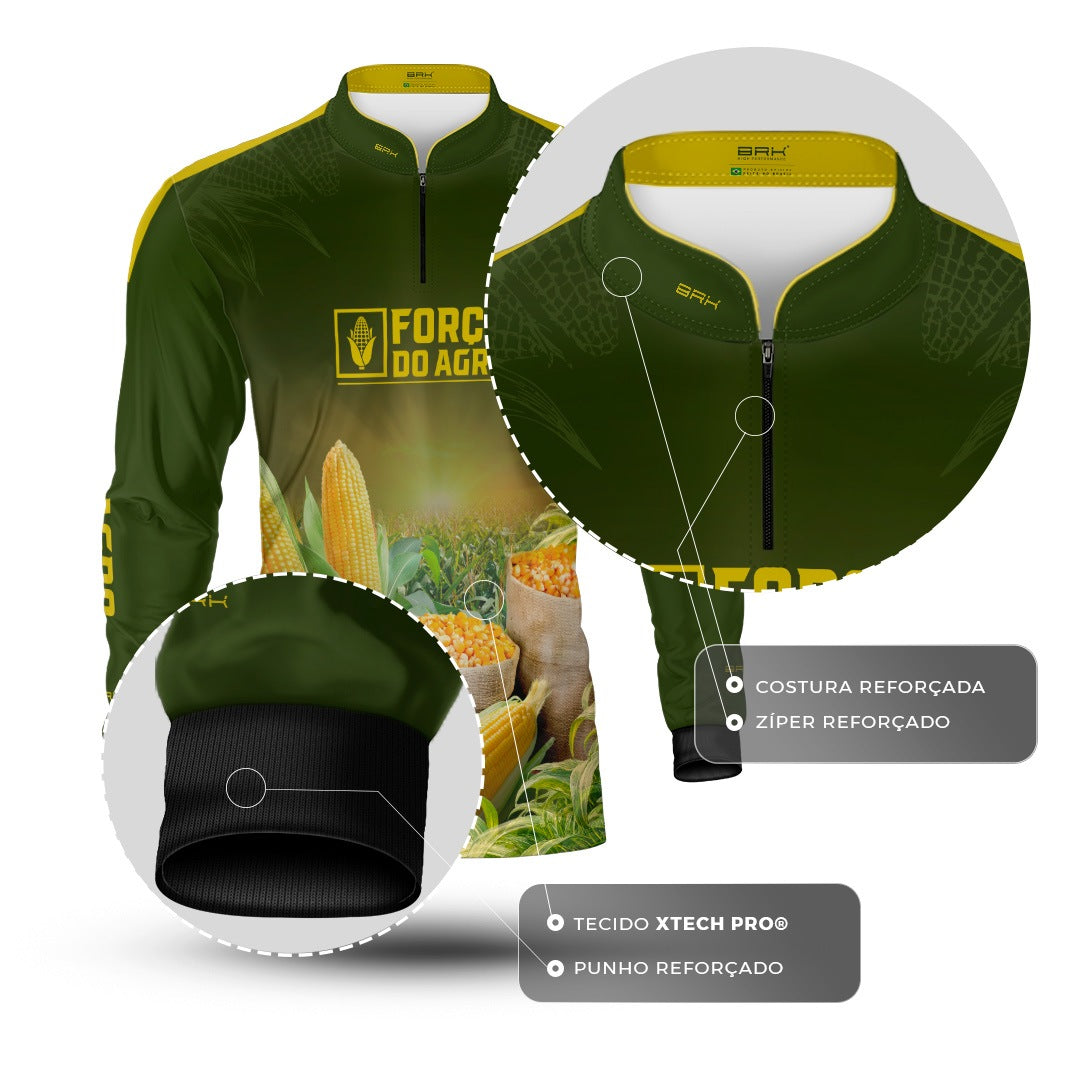 Camisa Agro BRK Força do Agro Colheita de Milho com Proteção UV50+ Verde Militar - Brk Agro