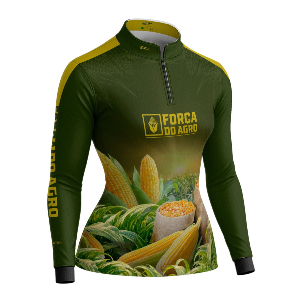 Camisa Agro Feminina BRK Força do Agro Colheita de Milho com Proteção UV50+ Verde Militar - Brk Agro