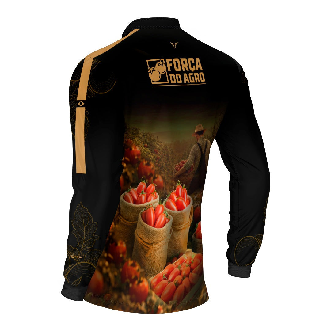 Camisa Agro BRK Força do Agro Colheita de Tomate com Proteção UV50+ Preto - Brk Agro