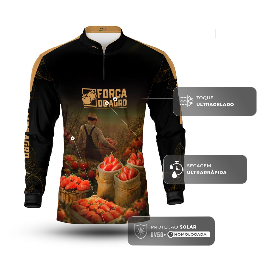 Camisa Agro BRK Força do Agro Colheita de Tomate com Proteção UV50+ Preto - Brk Agro