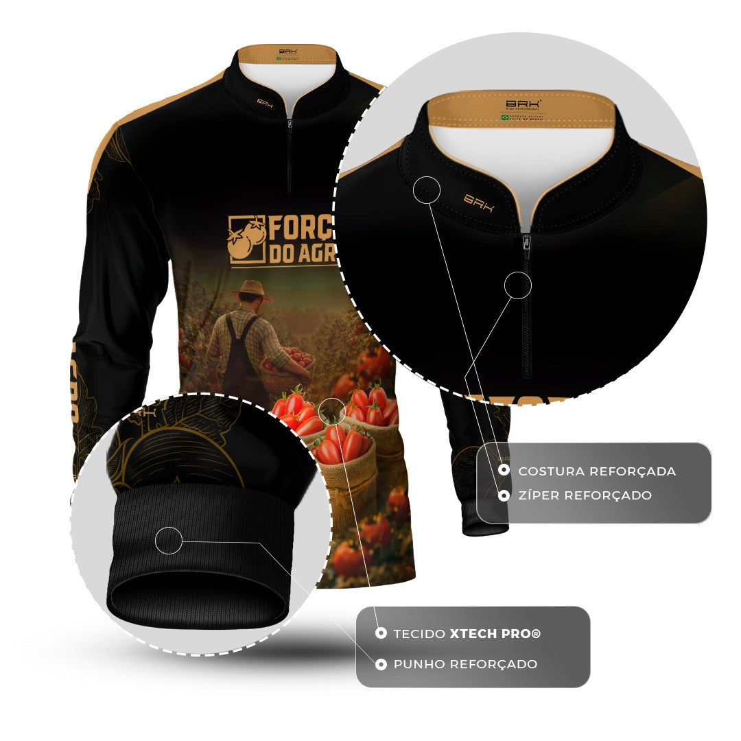 Camisa Agro BRK Força do Agro Colheita de Tomate com Proteção UV50+ Preto - Brk Agro
