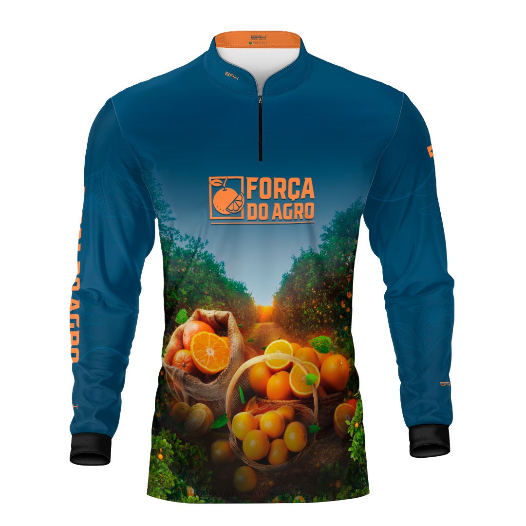 Camisa Agro BRK Força do Agro Pomar de Laranja com Proteção UV50+ Azul Petróleo - Brk Agro