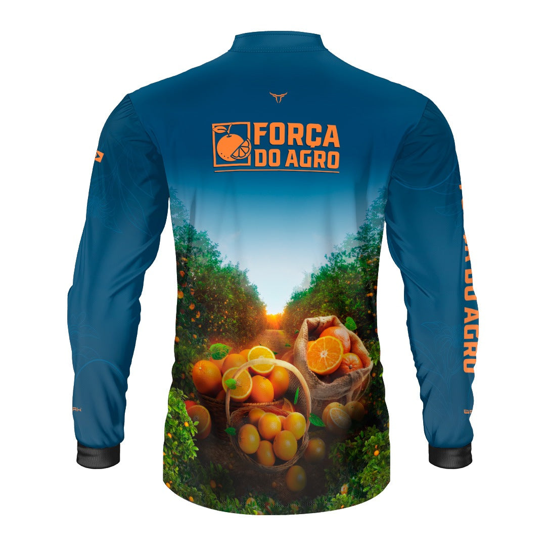 Camisa Agro BRK Força do Agro Pomar de Laranja com Proteção UV50+ Azul Petróleo - Brk Agro