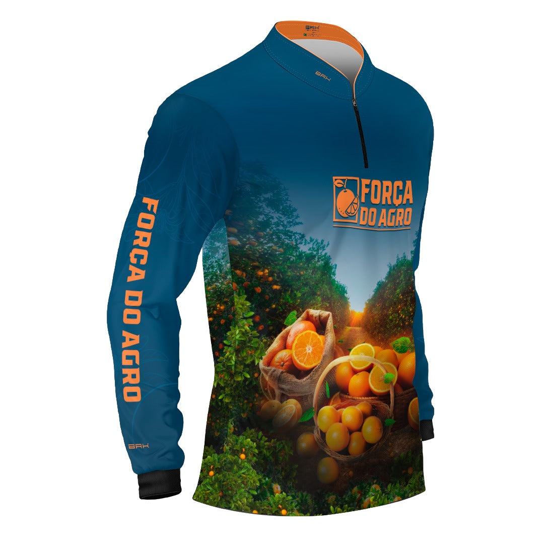 Camisa Agro BRK Força do Agro Pomar de Laranja com Proteção UV50+ Azul Petróleo - Brk Agro