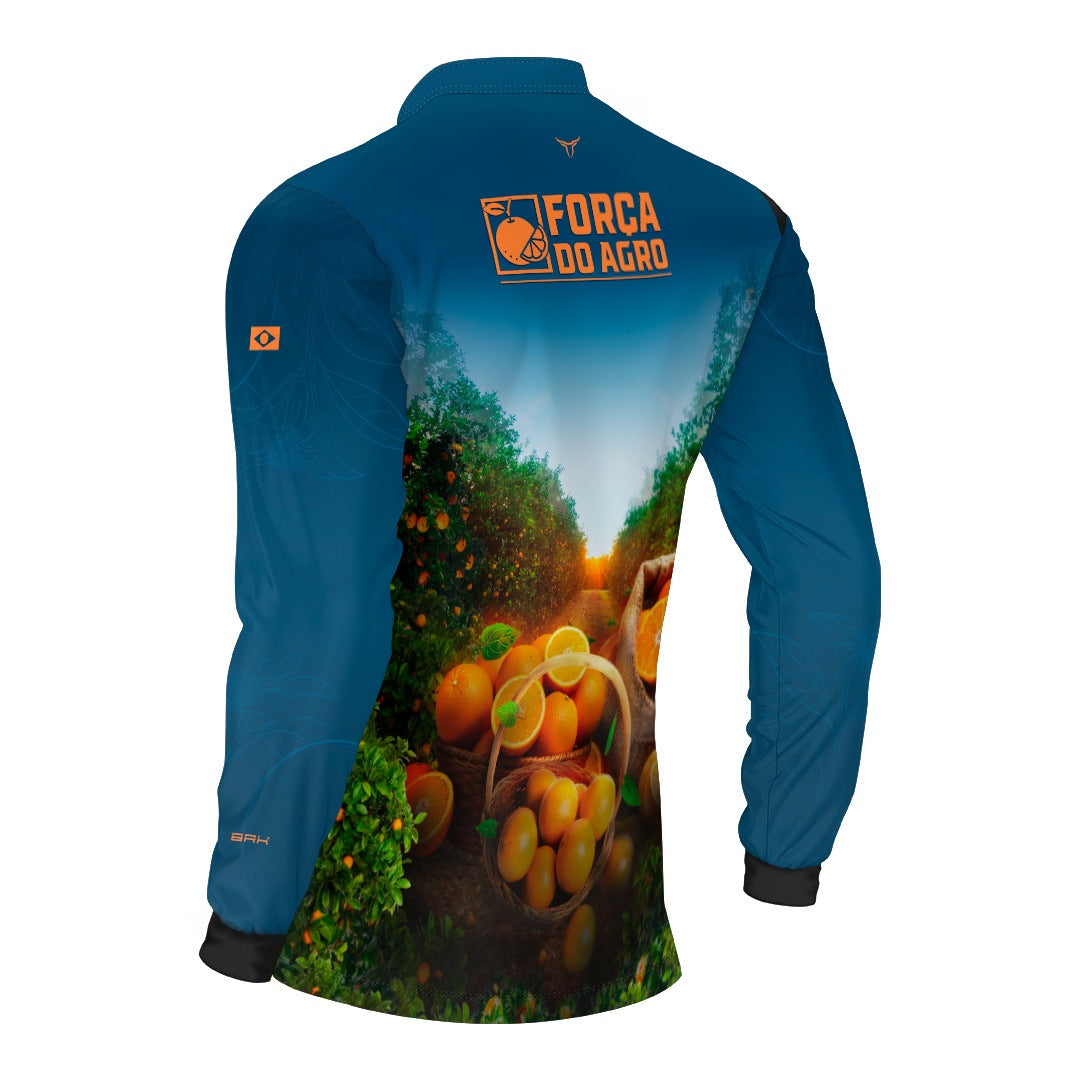 Camisa Agro BRK Força do Agro Pomar de Laranja com Proteção UV50+ Azul Petróleo - Brk Agro