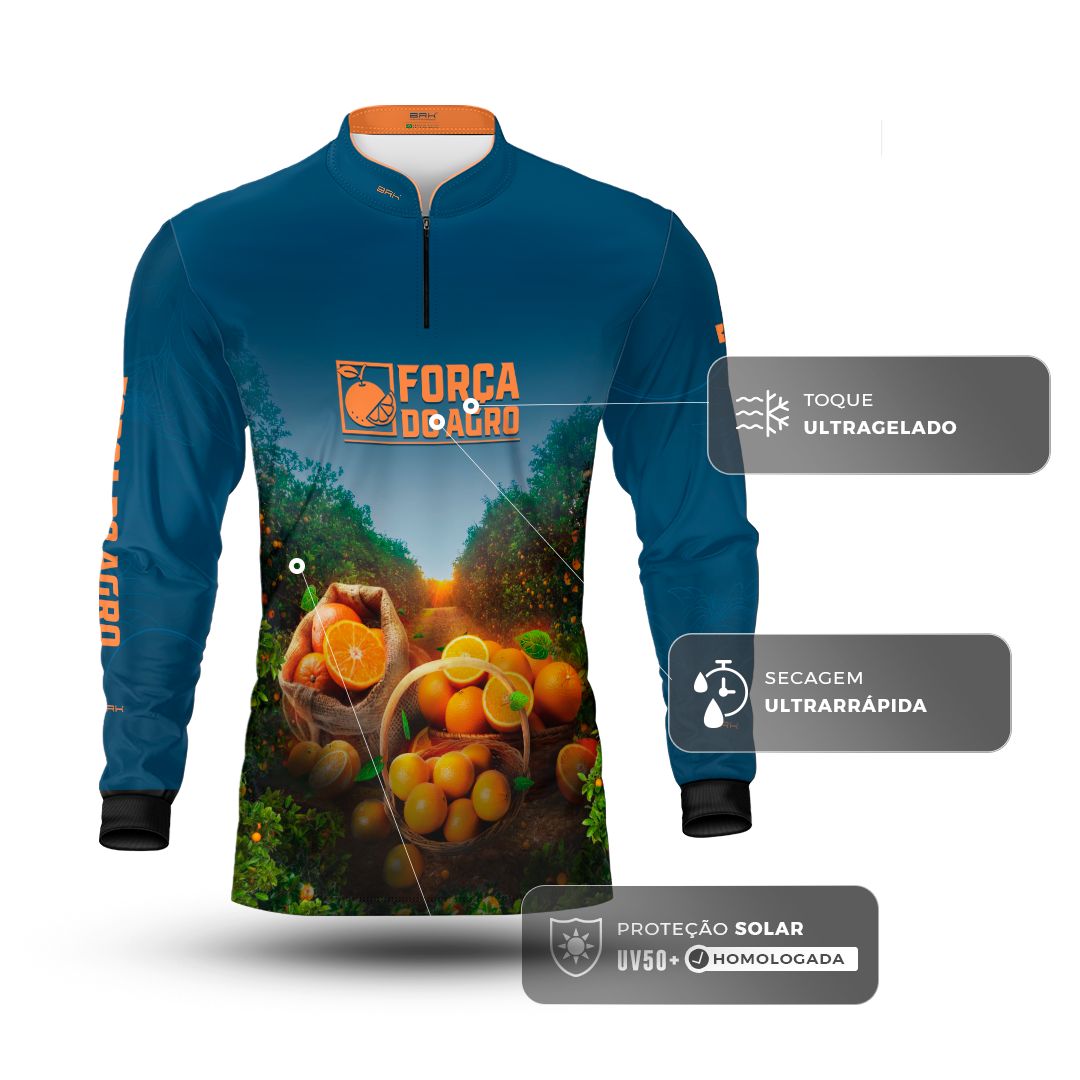 Camisa Agro BRK Força do Agro Pomar de Laranja com Proteção UV50+ Azul Petróleo - Brk Agro