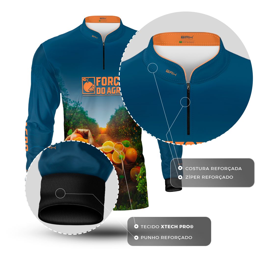 Camisa Agro BRK Força do Agro Pomar de Laranja com Proteção UV50+ Azul Petróleo - Brk Agro