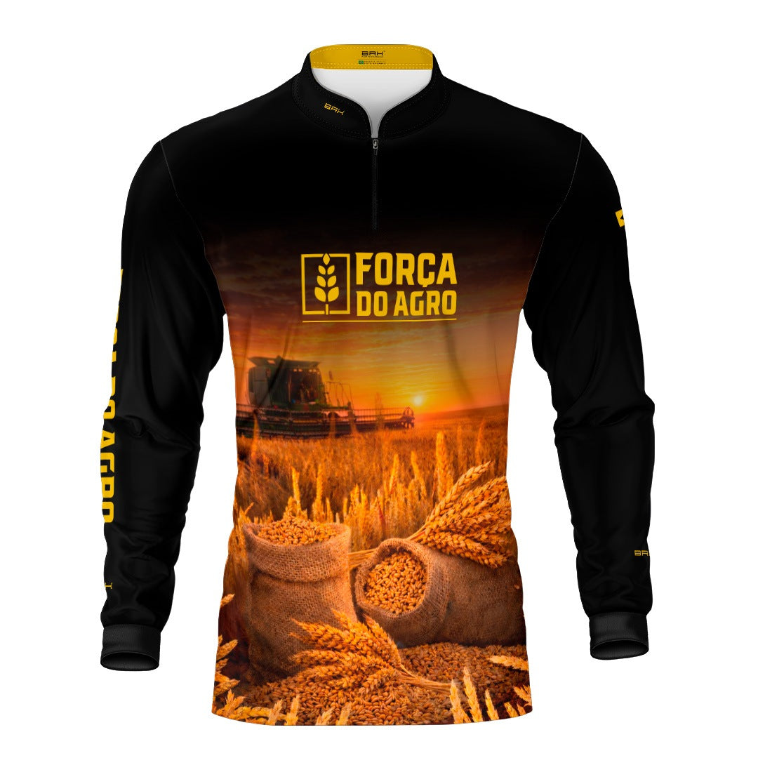 Camisa Agro BRK Força do Agro Colheita de Trigo com Proteção UV50+ Preta - Brk Agro