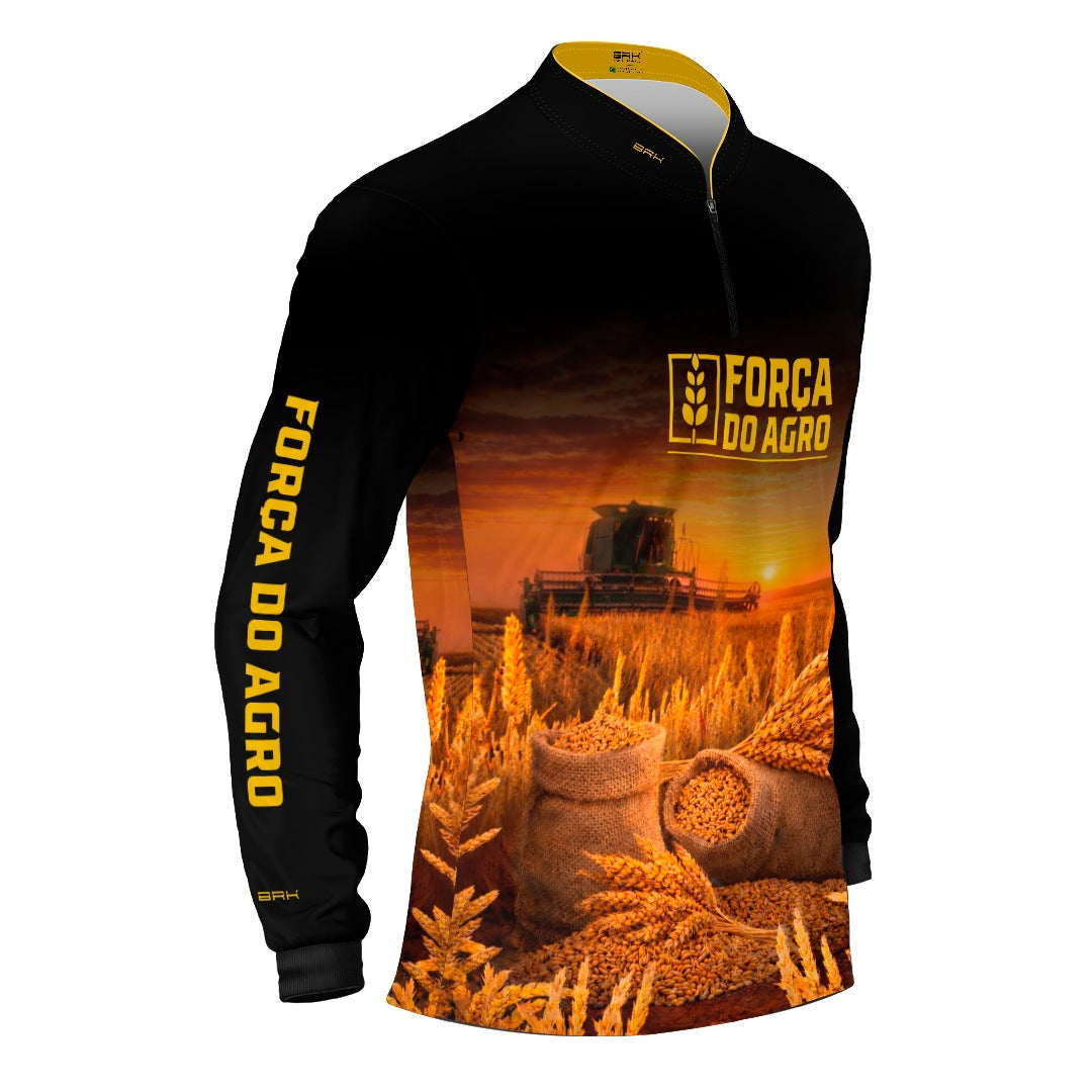 Camisa Agro BRK Força do Agro Colheita de Trigo com Proteção UV50+ Preta - Brk Agro