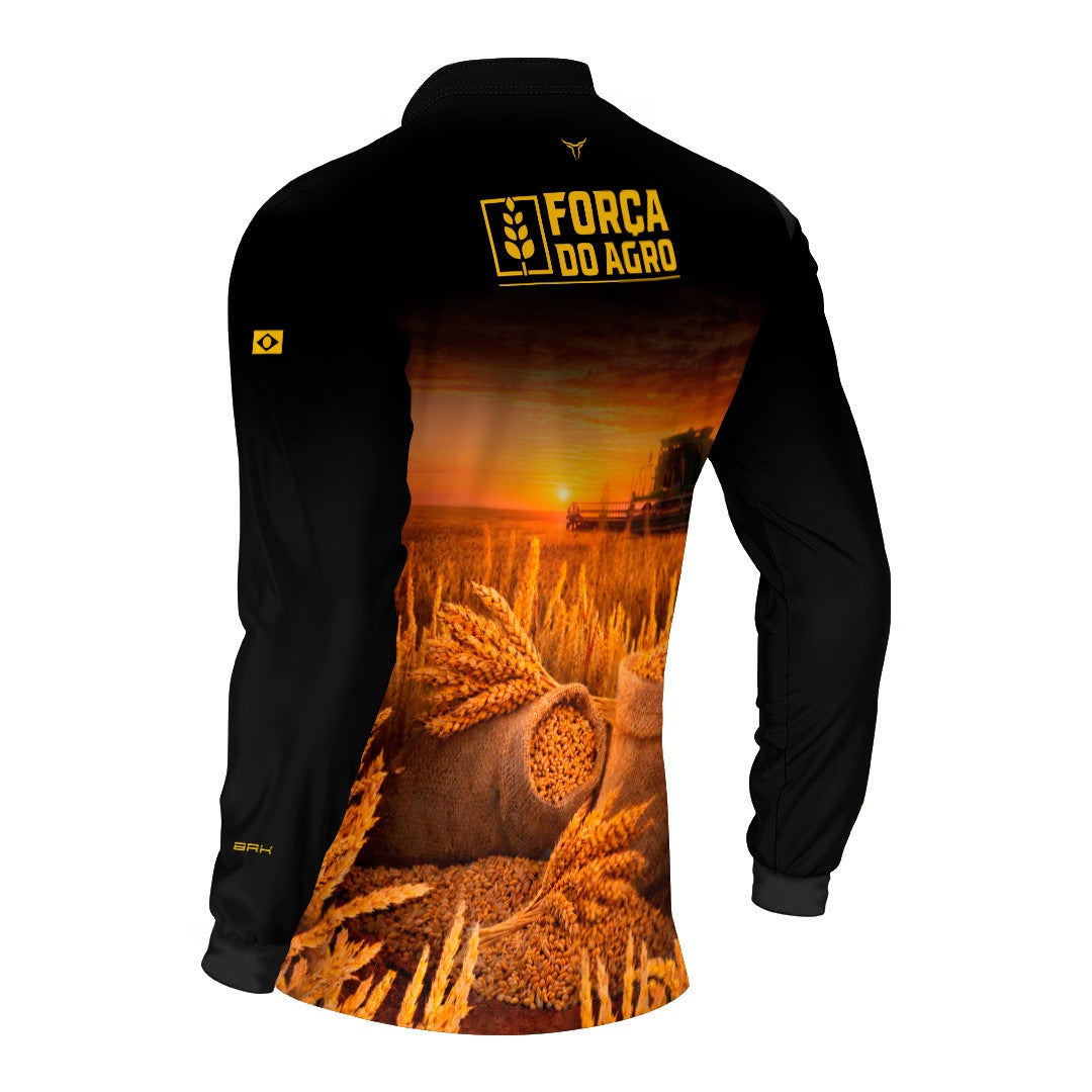 Camisa Agro BRK Força do Agro Colheita de Trigo com Proteção UV50+ Preta - Brk Agro