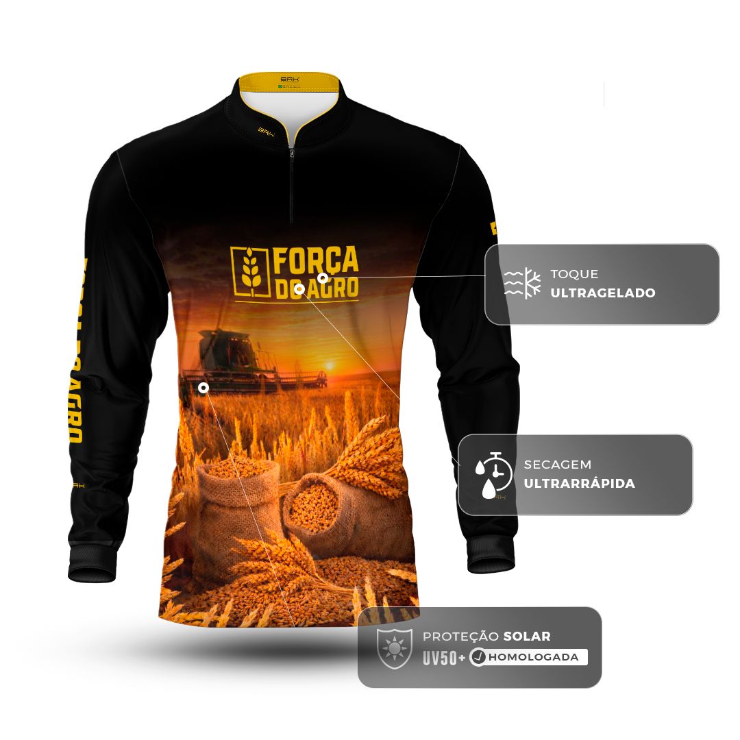 Camisa Agro BRK Força do Agro Colheita de Trigo com Proteção UV50+ Preta - Brk Agro