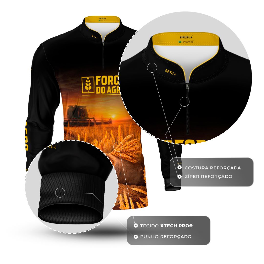 Camisa Agro BRK Força do Agro Colheita de Trigo com Proteção UV50+ Preta - Brk Agro