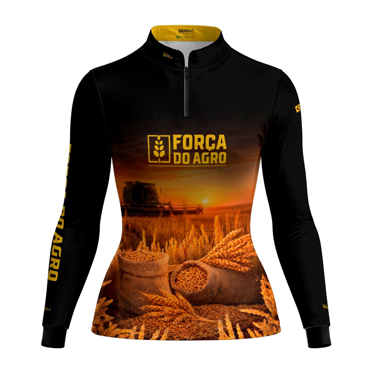 Camisa Agro Feminina BRK Força do Agro Colheita de Trigo com Proteção UV50+ Preta - Brk Agro