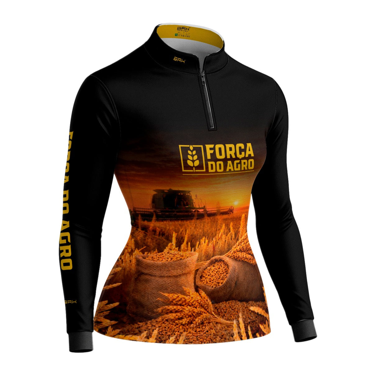 Camisa Agro Feminina BRK Força do Agro Colheita de Trigo com Proteção UV50+ Preta - Brk Agro