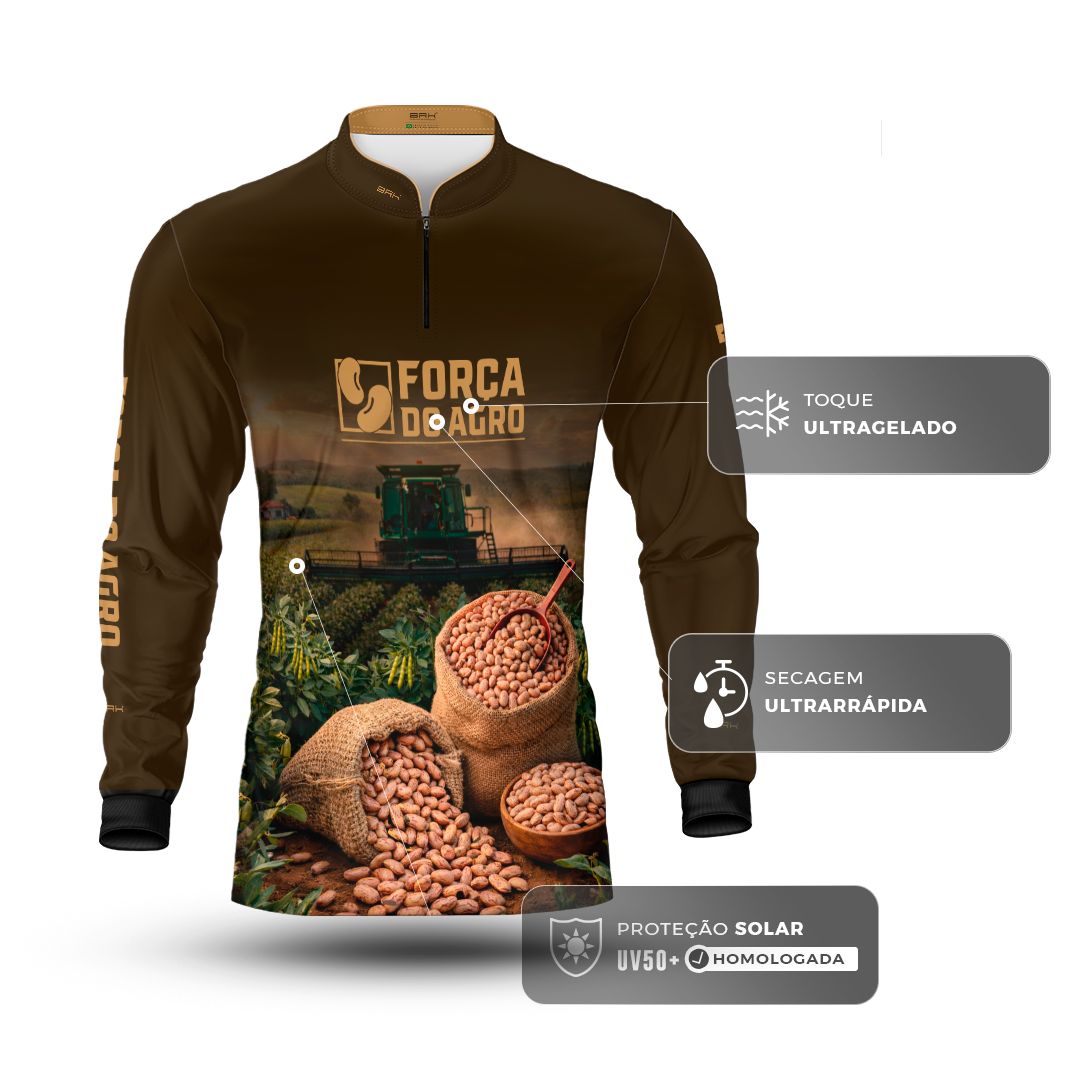 Camisa Agro BRK Força do Agro Colheita de Feijão com Proteção UV50+ Marrom - Brk Agro