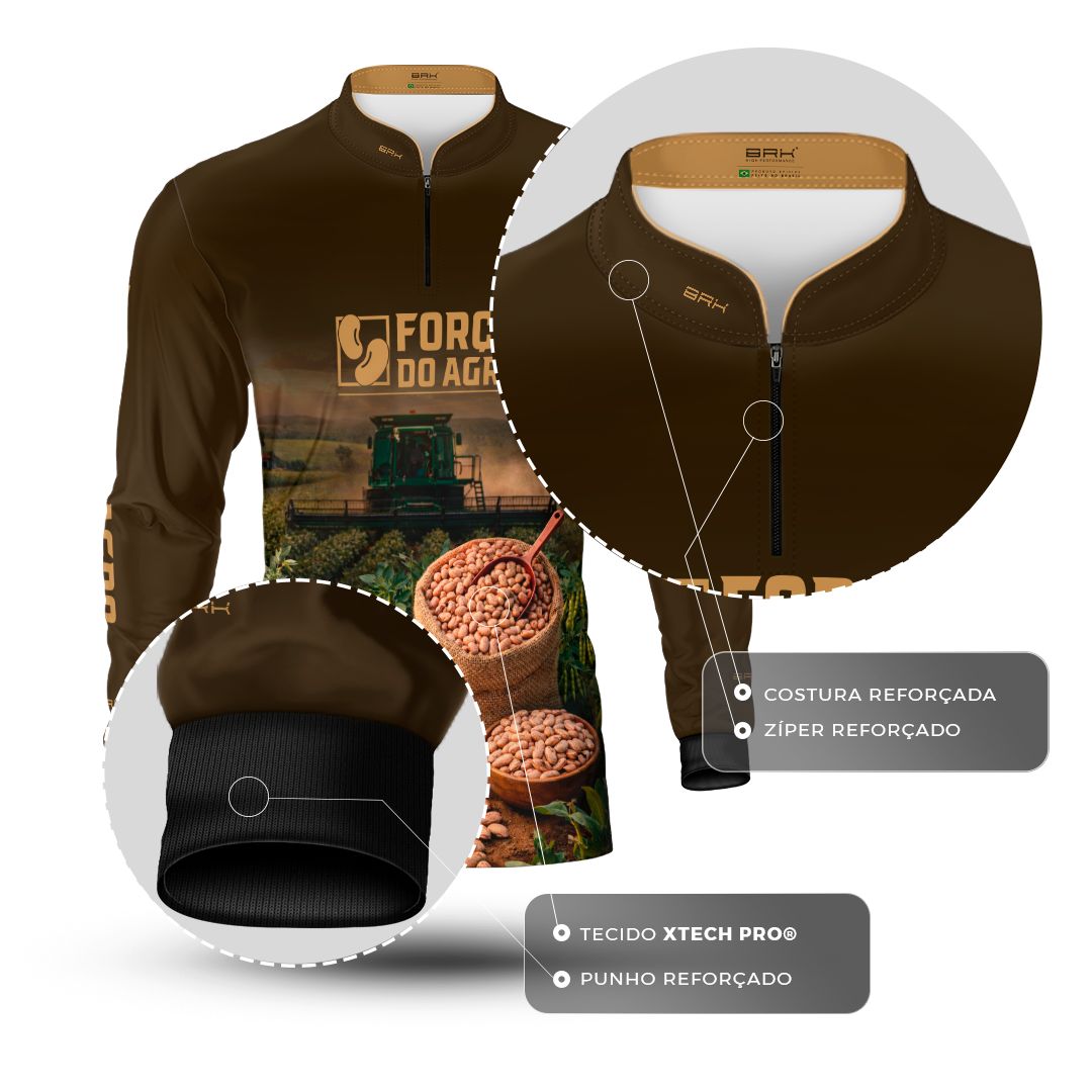 Camisa Agro BRK Força do Agro Colheita de Feijão com Proteção UV50+ Marrom - Brk Agro