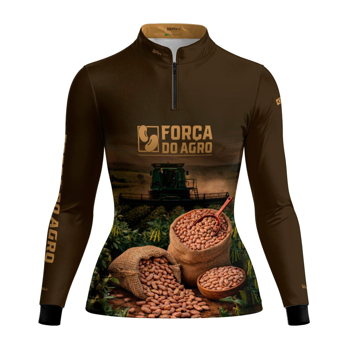 Camisa Agro Feminina BRK Força do Agro Colheita de Feijão com Proteção UV50+ Marrom - Brk Agro